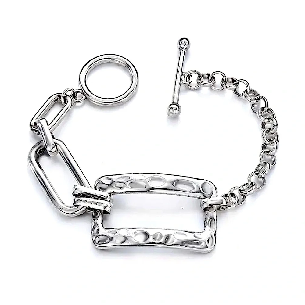 Stainless Steel Rectangular Bracelet Boho Hammered Chain Link